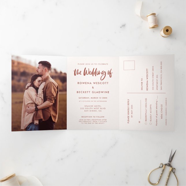 Modern elegant snow pink wedding photo Tri-Fold invitation (Inside)
