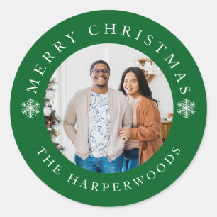 Modern Elegant Snowflakes Christmas Family 1 Photo Classic Round Sticker