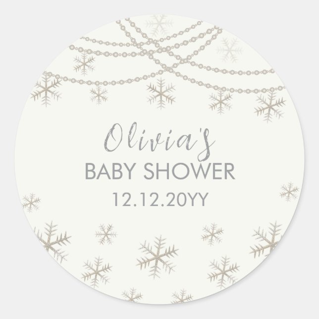 Modern Elegant Snowflakes Winter Baby Shower Classic Round Sticker (Front)