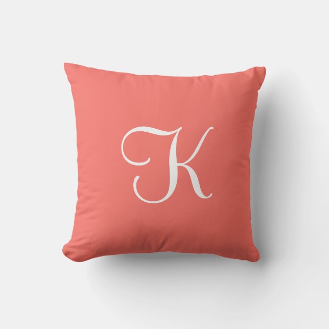 Modern Elegant Solid Coral Pink Custom Monogram Cushion (Front)