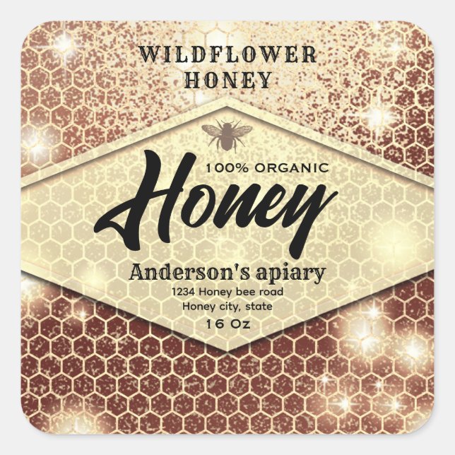 Modern elegant sparkle bee honey  square sticker (Front)