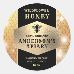Modern elegant sparkle gold bee honey jar label