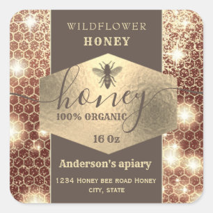 Modern elegant sparkle gold bee logo script honey square sticker