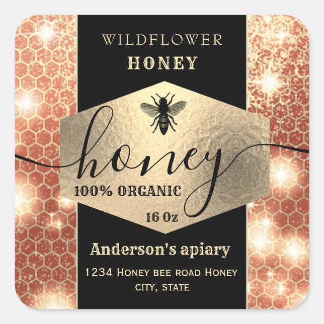 Modern elegant sparkle gold bee  script honey squa square sticker (Front)