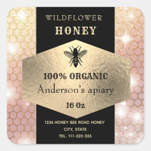 Modern elegant sparkle gold logo bee honey jar square sticker