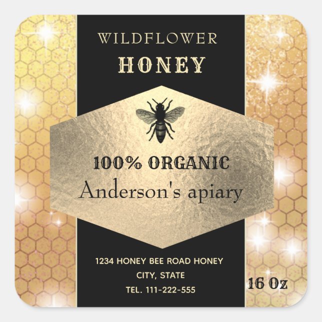 Modern elegant sparkle gold logo bee honey jar square sticker (Front)