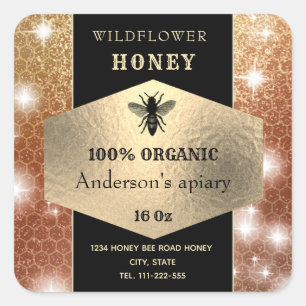 Modern elegant sparkle gold logo bee honey jar square sticker
