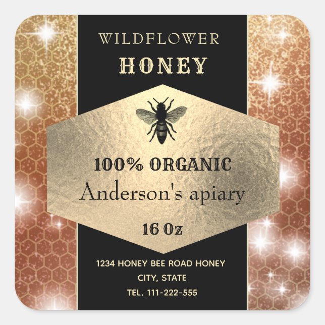 Modern elegant sparkle gold logo bee honey jar square sticker (Front)