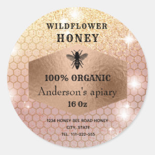 Modern elegant sparkle rose gold bee logo classic round sticker