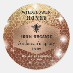 Modern elegant sparkle rose gold  bee logo classic round sticker