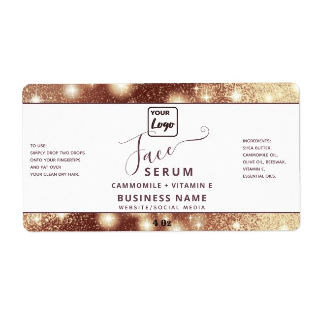 Modern elegant  sparkle script face serum label (Front)