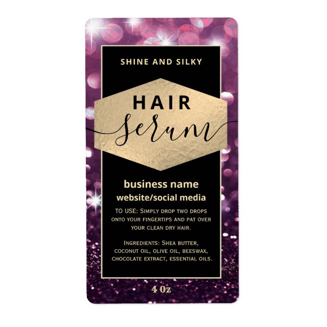 Modern elegant  sparkle script hair serum label (Front)
