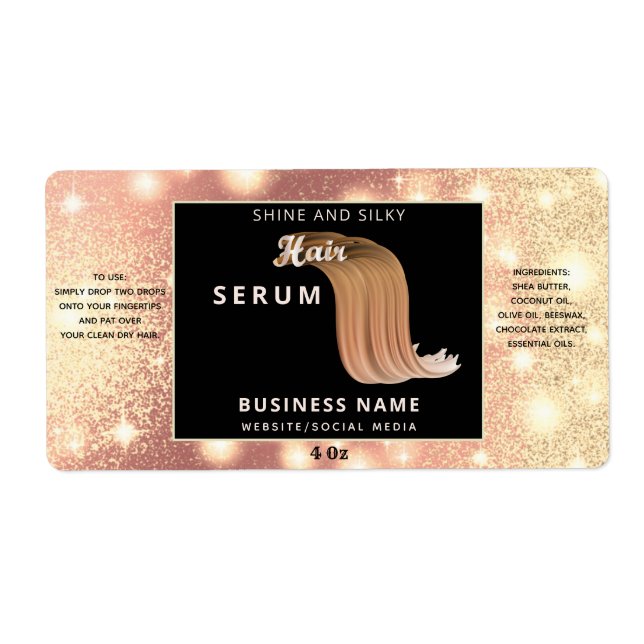 Modern elegant  sparkle script hair serum label (Front)
