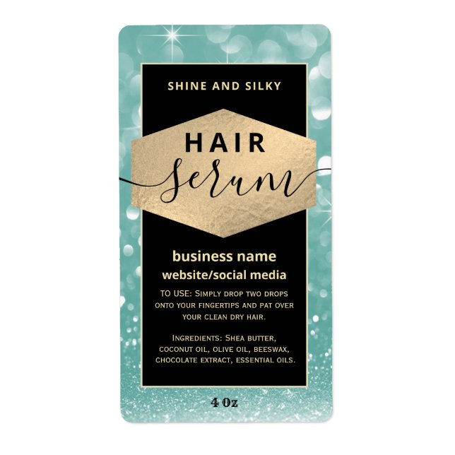 Modern elegant  sparkle script hair serum label (Front)