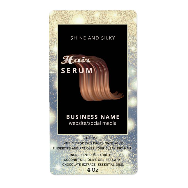 Modern elegant  sparkle script hair serum label (Front)