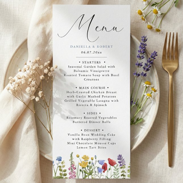 Modern Elegant Spring Summer Wildflower Wedding Menu (personalized modern minimalist elegant script calligraphy wildflower wedding menu card)