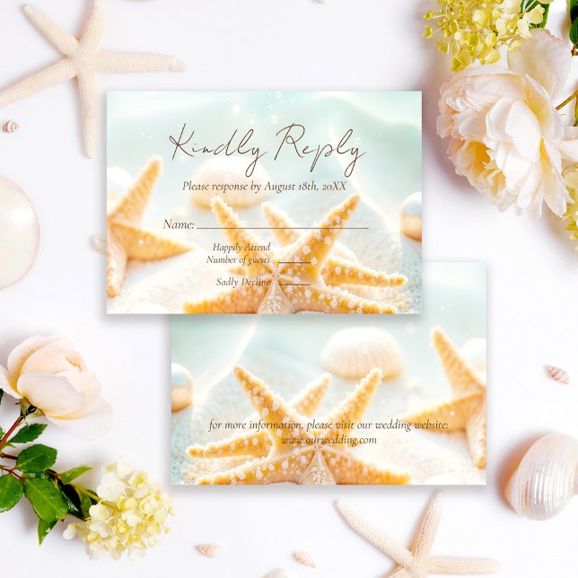Modern Elegant Starfish Shells Ocean Beach Wedding RSVP Card (Creator Uploaded)