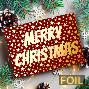 Modern elegant stars Merry Christmas burgundy red Foil Holiday Card