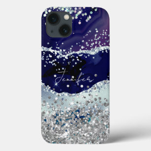 Modern Elegant Stone Agate Trendy Glitter Blue iPhone 13 Case