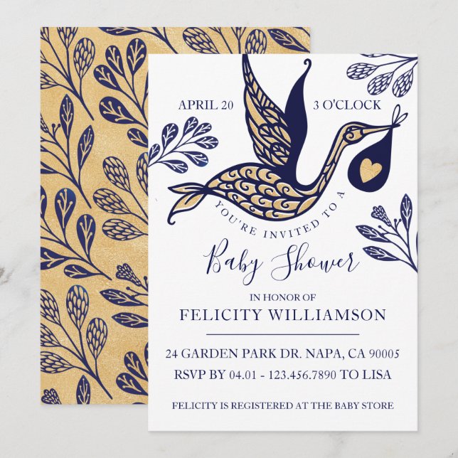 Modern Elegant Stork Baby Boy Shower Invitation (Front/Back)