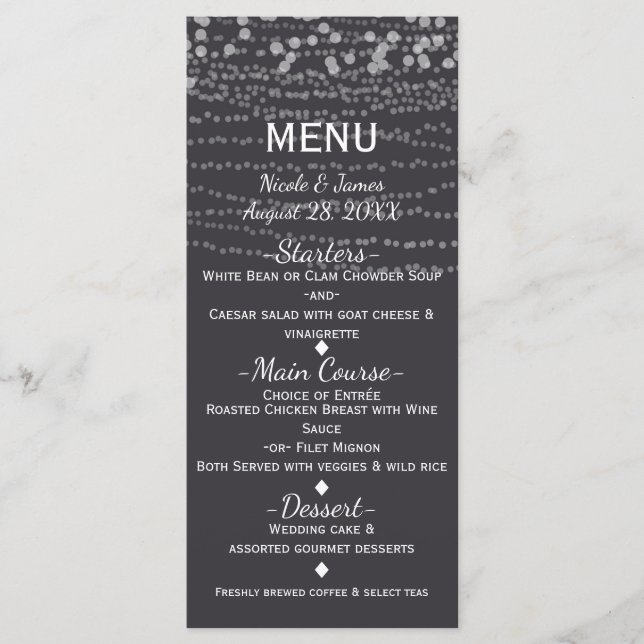 Modern Elegant String of Lights Wedding Party Menu (Front)
