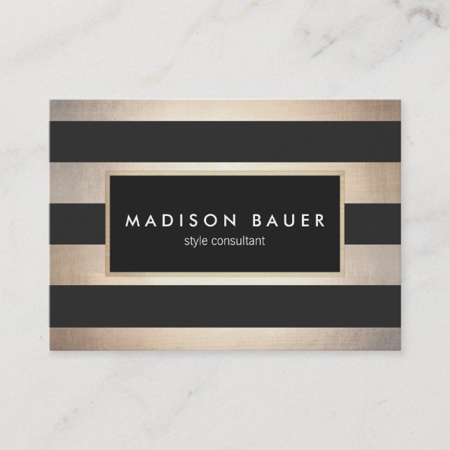 Modern Elegant Striped Black and FAUX Gold Foil Business Card (Front)