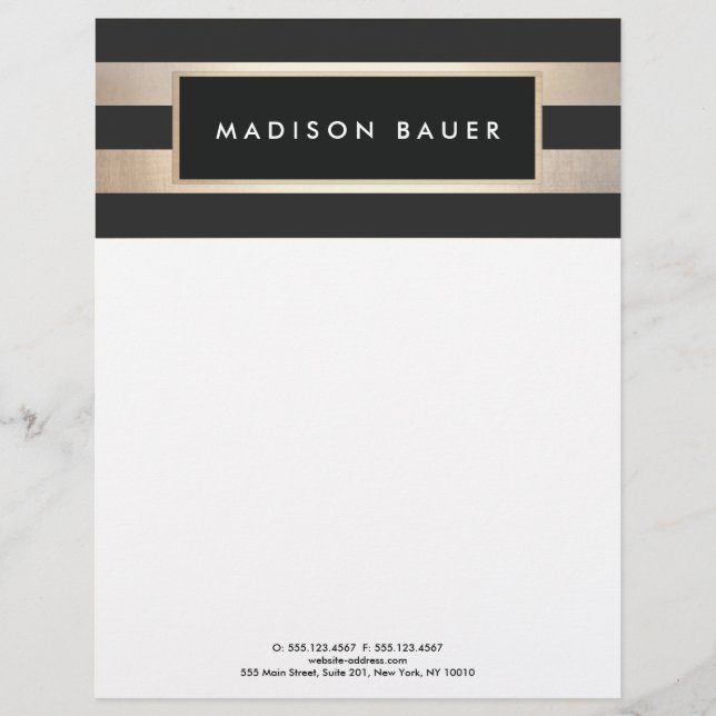 Modern Elegant Striped Black and FAUX Gold Foil Personalized Letterhead (Front)