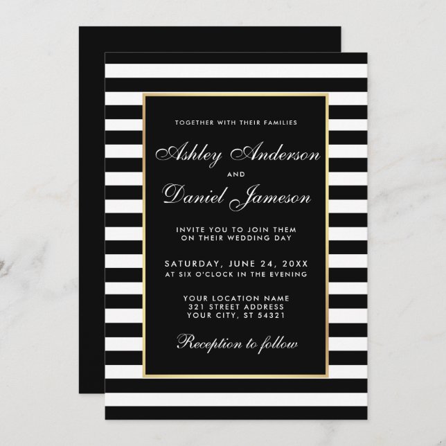 Modern Elegant Striped Wedding Invite BW (Front/Back)