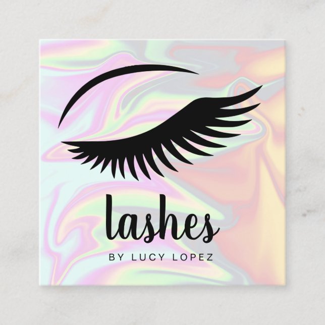 Modern elegant stylish chick holographic lashes square business card (Front)