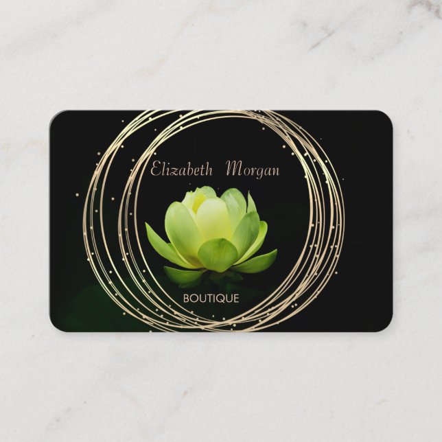 Modern Elegant Stylish Gold Circles Green Lotus Business Card (Front)