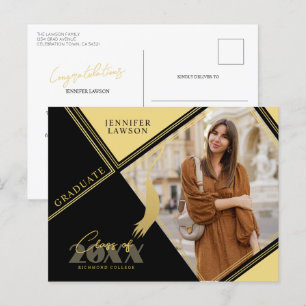 Modern Elegant Stylish Photo Gold Black Graduation Announcement Postcard