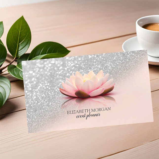 Modern Elegant Stylish Silver Glitter Bokeh Lotus Business Card (Creator Uploaded)