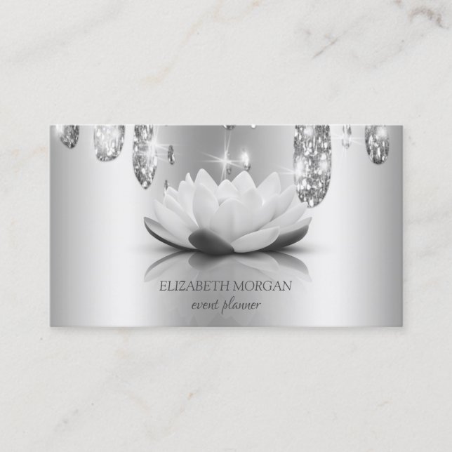 Modern Elegant Stylish Silver Lotus,Drips Business Card (Front)