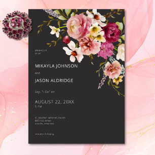Modern Elegant Summer Meadow Floral Black Wedding Invitation