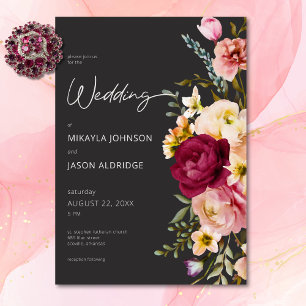 Modern Elegant Summer Meadow Floral Black Wedding Invitation