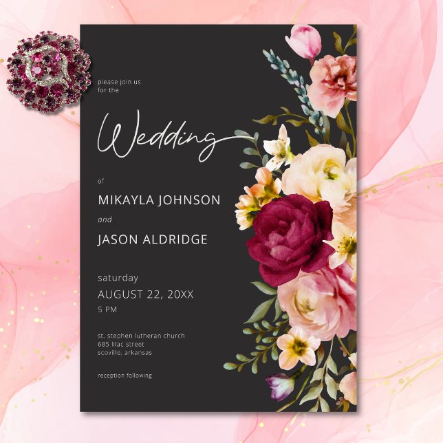 Modern Elegant Summer Meadow Floral Black Wedding Invitation (Modern Elegant Summer Meadow Floral Black Wedding Invitation)
