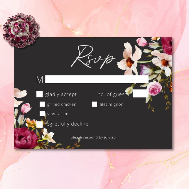 Modern Elegant Summer Meadow Floral Black Wedding RSVP Card (Modern Elegant Summer Meadow Floral Black Wedding RSVP Card)