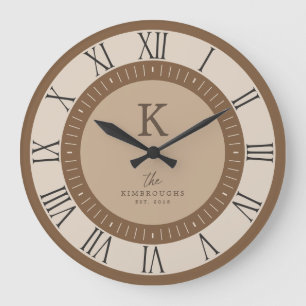 Modern Elegant Tan Mousse Brown Monogram Family Large Clock