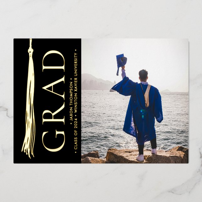 Modern Elegant Tassel Photo Grad Party Custom Foil Holiday Card (Front)