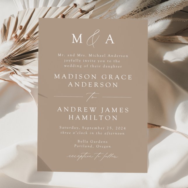 Modern Elegant Taupe Monogram Wedding Invitation (Creator Uploaded)
