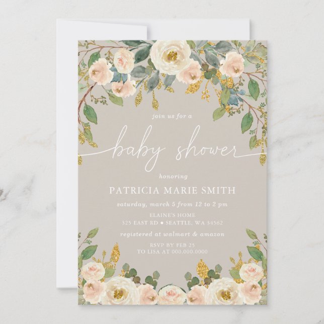 Modern Elegant Taupe Peach Floral Baby Shower Invitation (Front)