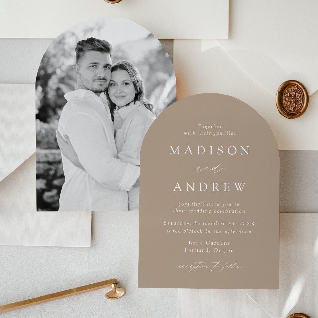 Modern Elegant Taupe Photo Arch Wedding Invitation (Creator Uploaded)