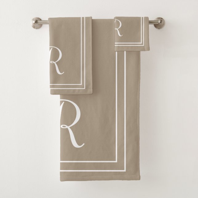 Modern Elegant Taupe & White Monogram Bath Towel Set (Insitu)