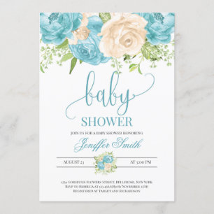 Modern elegant teal and cream floral baby shower invitation