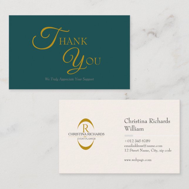 Modern Elegant Teal and Gold Thank You Card (Front/Back)