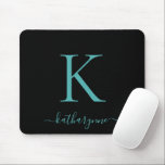 Modern Elegant Teal Aqua Monogram Script Black Mouse Pad<br><div class="desc">Modern Elegant Teal Aqua Blue Monogram Script on a chic black mouse pad. Easy to customise with your own name and details. Perfect for your modern minimalist yet luxury lifestyle! Please contact us at cedarandstring@gmail.com if you need assistance with the design or matching products.</div>