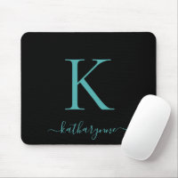 Modern Elegant Teal Aqua Monogram Script Black