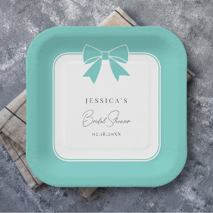 Modern Elegant Teal Blue Bow Ribbon Bridal Shower Paper Plate