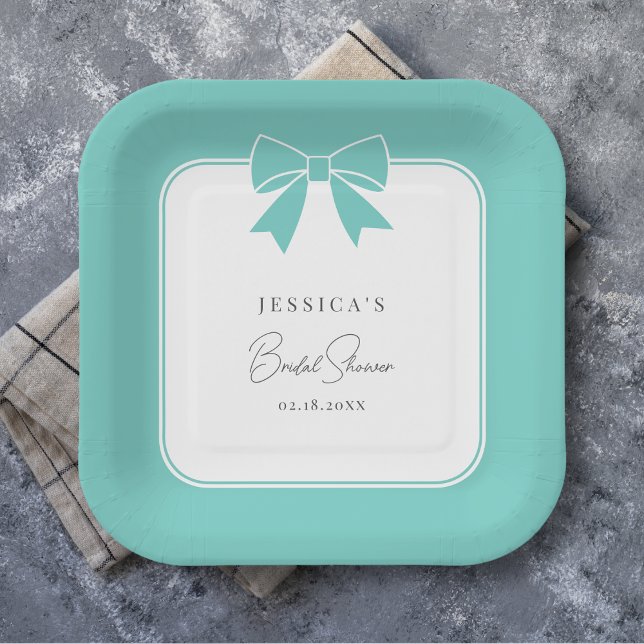 Modern Elegant Teal Blue Bow Ribbon Bridal Shower Paper Plate (Creator Uploaded)