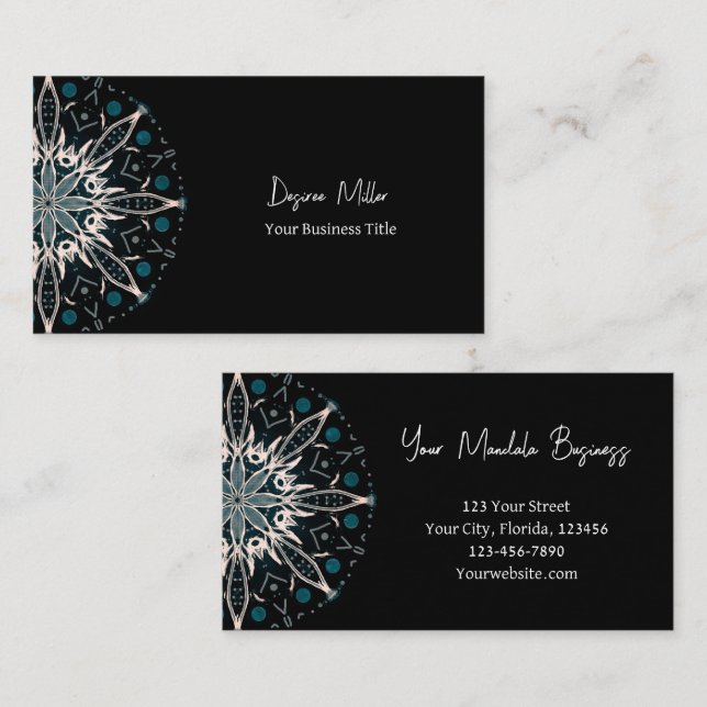 Modern Elegant Teal Green Black Bohemian Mandala Business Card (Front/Back)
